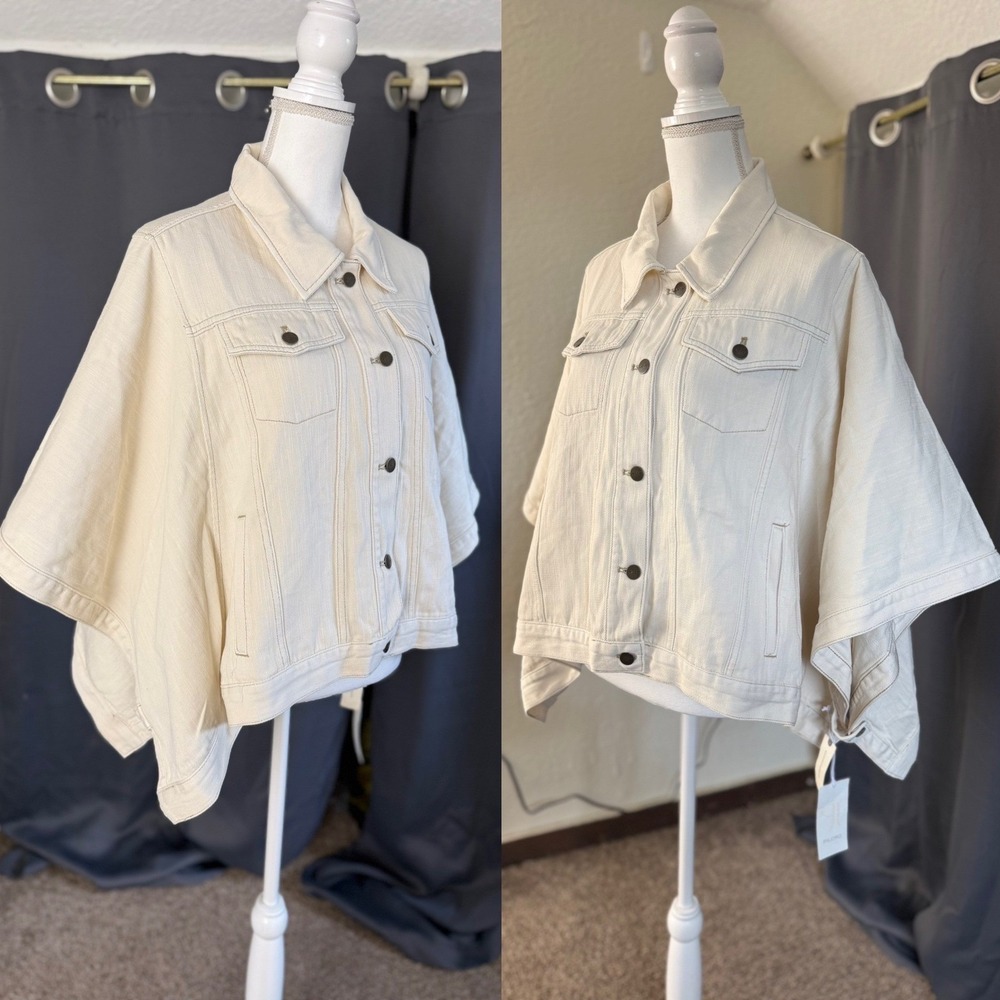NWT Pilcro Anthropologie Weston Cape Denim Jacket Women L/XL Ivory Oversized - Picture 3 of 16